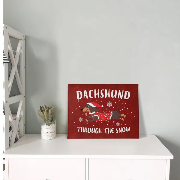 Multicolor_Christmas_Dog_Dachshund_through_The_Snow_Winter_Wall_Art_Decor_Canvas,_Snowflake_Farmhouse_Rustic_Festive_Pictures_Wall_Decor_Art_|_For_Dog_Lovers_Living_Room_Home,_Cute_Artwork_|_For_Walls_11x14