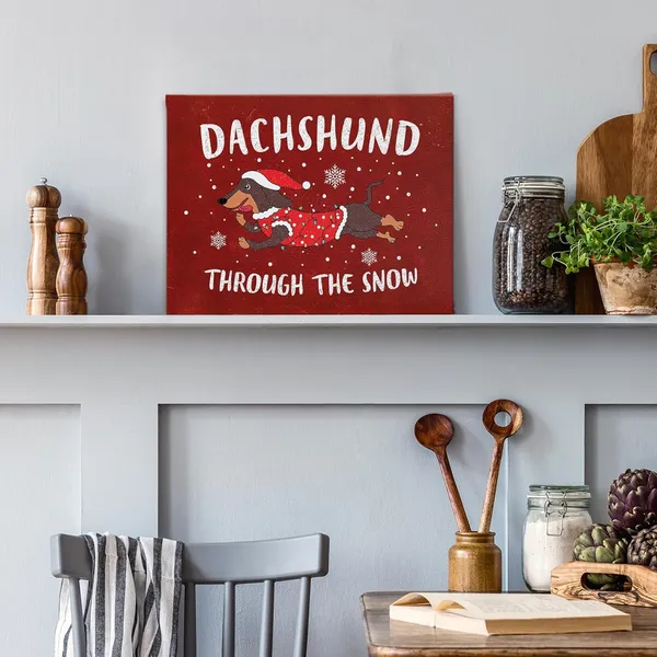 Multicolor_Christmas_Dog_Dachshund_through_The_Snow_Winter_Wall_Art_Decor_Canvas,_Snowflake_Farmhouse_Rustic_Festive_Pictures_Wall_Decor_Art_|_For_Dog_Lovers_Living_Room_Home,_Cute_Artwork_|_For_Walls_11x14