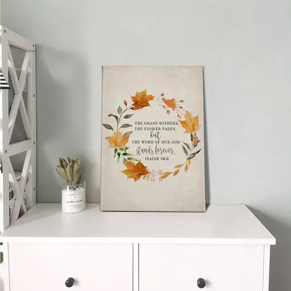 Multicolor_Fall_Canvas_Wall_Art,The_Grass_Withers_The_Flower_Fades_Wall_Art,Christian_Bible_Verse_Fall_Maple_leaf_Isaiah_40_:_8_Print_Framed_Canvas_Artwork_|_For_Bedroom_Living_Room_Office_Decor(16x24)