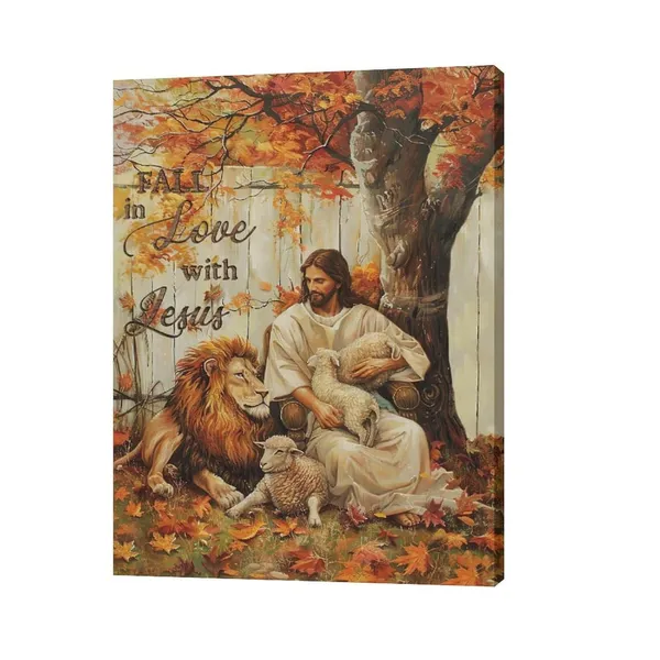 Multicolor_Fall_Jesus_Wall_Art_Autumn_Christian_Leaves_Pictures_Wall_Decor_Religious_Lion_Lamb_Canvas_Painting_Modern_Artwork_Home_Decoration_|_For_Living_Room_Bathroom_Bedroom_Office_Framed_12"x16"