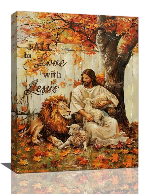 Multicolor_Fall_Jesus_Wall_Art_Autumn_Christian_Leaves_Pictures_Wall_Decor_Religious_Lion_Lamb_Canvas_Painting_Modern_Artwork_Home_Decoration_|_For_Living_Room_Bathroom_Bedroom_Office_Framed_12"x16"