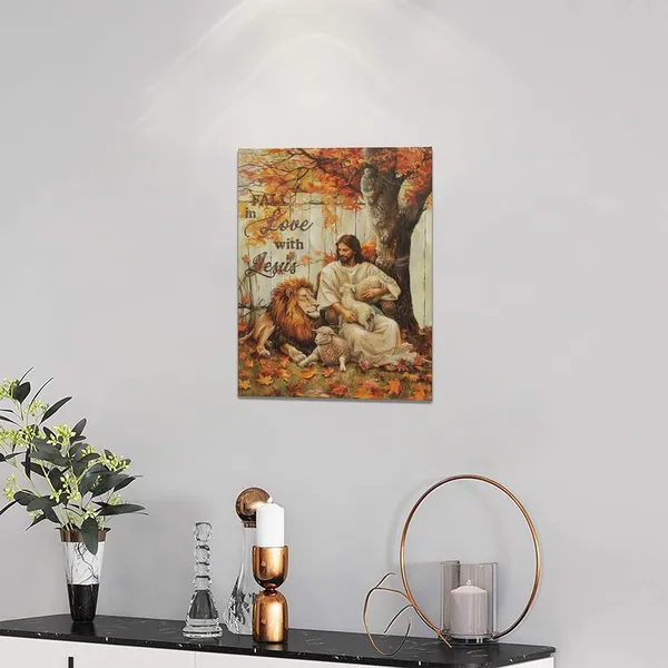 Multicolor_Fall_Jesus_Wall_Art_Autumn_Christian_Leaves_Pictures_Wall_Decor_Religious_Lion_Lamb_Canvas_Painting_Modern_Artwork_Home_Decoration_|_For_Living_Room_Bathroom_Bedroom_Office_Framed_12"x16"