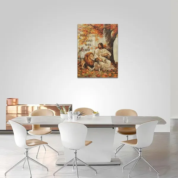 Multicolor_Fall_Jesus_Wall_Art_Autumn_Christian_Leaves_Pictures_Wall_Decor_Religious_Lion_Lamb_Canvas_Painting_Modern_Artwork_Home_Decoration_|_For_Living_Room_Bathroom_Bedroom_Office_Framed_12"x16"