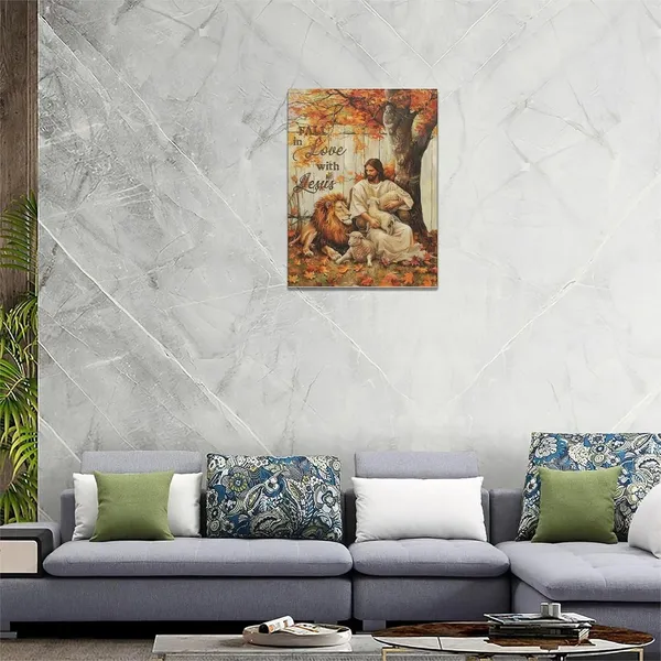 Multicolor_Fall_Jesus_Wall_Art_Autumn_Christian_Leaves_Pictures_Wall_Decor_Religious_Lion_Lamb_Canvas_Painting_Modern_Artwork_Home_Decoration_|_For_Living_Room_Bathroom_Bedroom_Office_Framed_12"x16"