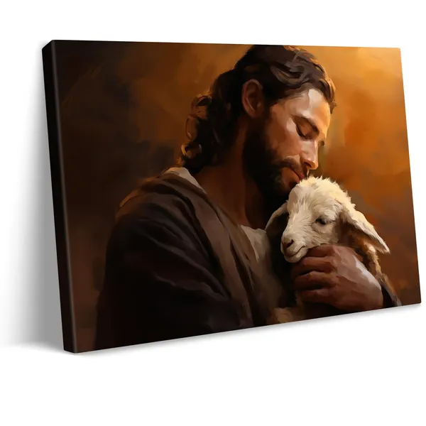 Multicolor_Jesus_Canvas_Wall_Art_Soothe_Wounded_Lamb_Artwork_Print_Divine_Compassion_Christian_Painting_Framed_Religious_Inspirational_Poster_|_For_Home_Living_Room_Bedroom_Decor_16x12in