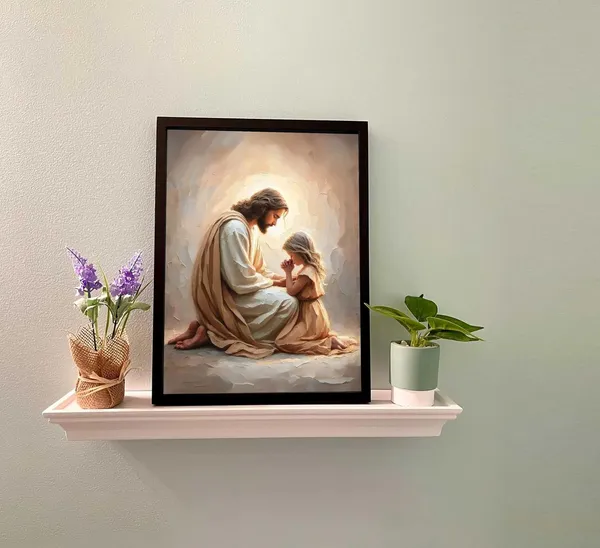 Multicolor_Jesus_Praying_with_Girl_Wall_Art_Christian_Canvas_Paintings_Jesus_with_Children_Wall_Decor_Religious_Bible_Story_Posters_Prints_|_For_Living_Bedroom_Room_Church_Home_Pictures_Decoration_Unframe