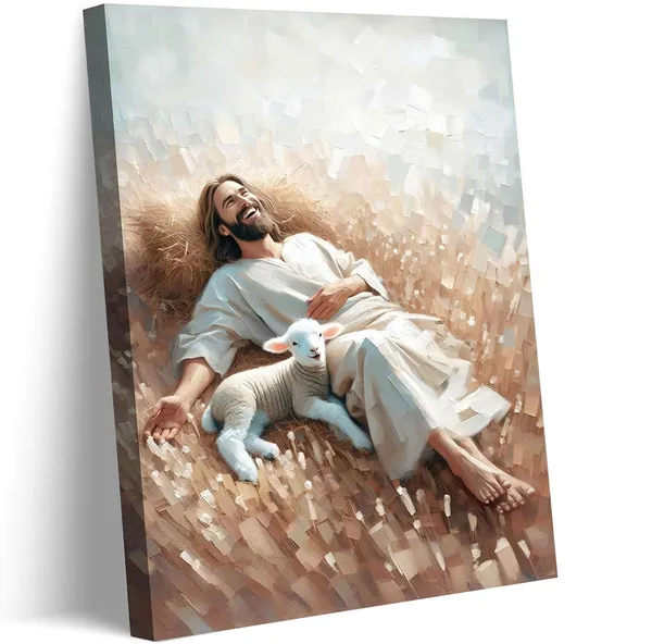 Multicolor_Jesus_with_the_Lamb_Lying_in_the_Field_Canvas_Wall_Art_Modern_Jesus_Christ_Bible_Wall_Decor_Pictures_Jesus_Christ_Oil_Painting_Renaissance_Poster_Print_|_For_Church_Home_room_Decor_Ready_to_Hang
