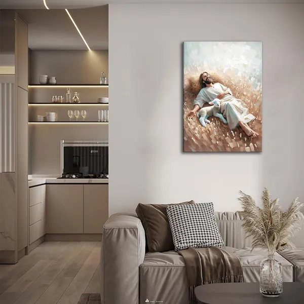 Multicolor_Jesus_with_the_Lamb_Lying_in_the_Field_Canvas_Wall_Art_Modern_Jesus_Christ_Bible_Wall_Decor_Pictures_Jesus_Christ_Oil_Painting_Renaissance_Poster_Print_|_For_Church_Home_room_Decor_Ready_to_Hang