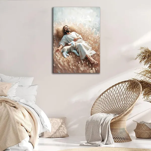 Multicolor_Jesus_with_the_Lamb_Lying_in_the_Field_Canvas_Wall_Art_Modern_Jesus_Christ_Bible_Wall_Decor_Pictures_Jesus_Christ_Oil_Painting_Renaissance_Poster_Print_|_For_Church_Home_room_Decor_Ready_to_Hang