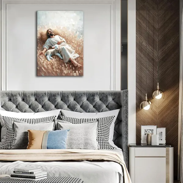 Multicolor_Jesus_with_the_Lamb_Lying_in_the_Field_Canvas_Wall_Art_Modern_Jesus_Christ_Bible_Wall_Decor_Pictures_Jesus_Christ_Oil_Painting_Renaissance_Poster_Print_|_For_Church_Home_room_Decor_Ready_to_Hang