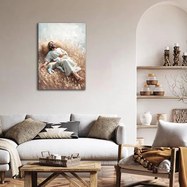 Multicolor_Jesus_with_the_Lamb_Lying_in_the_Field_Canvas_Wall_Art_Modern_Jesus_Christ_Bible_Wall_Decor_Pictures_Jesus_Christ_Oil_Painting_Renaissance_Poster_Print_|_For_Church_Home_room_Decor_Ready_to_Hang