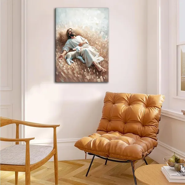 Multicolor_Jesus_with_the_Lamb_Lying_in_the_Field_Canvas_Wall_Art_Modern_Jesus_Christ_Bible_Wall_Decor_Pictures_Jesus_Christ_Oil_Painting_Renaissance_Poster_Print_|_For_Church_Home_room_Decor_Ready_to_Hang