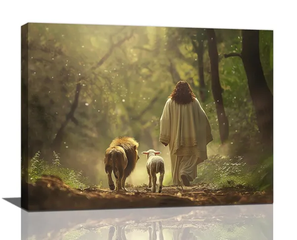 Multicolor_Christian_Wall_Art_Jesus_Wall_Canvas_Lion_of_Judah_Pictures_Wall_D??or_Lion_and_Lamb_Print_Painting_Artwork_Christ_Religious_Home_Decoration_|_For_Church_Living_Room_Bedroom_Framed_12x16_inch