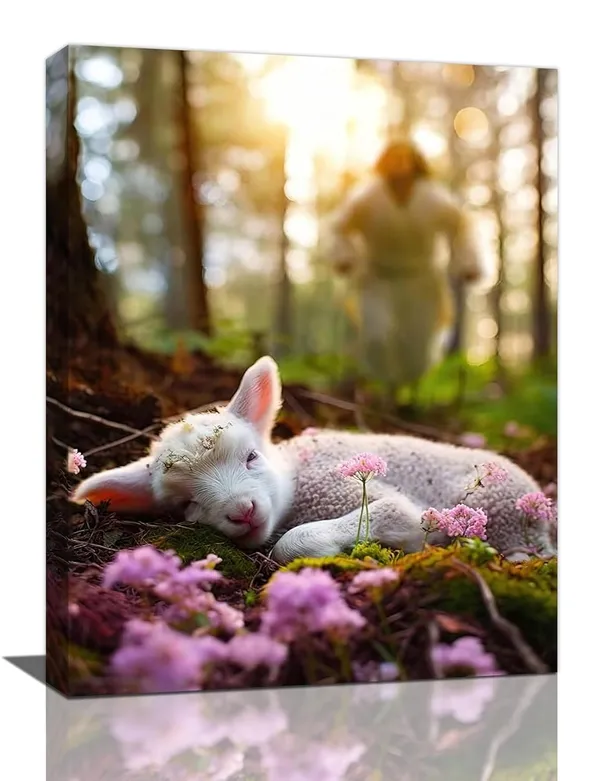 Multicolor_Jesus_and_Lamb_Wall_Art_Christian_Religious_Pictures_Wall_Decor_Shepherd_Canvas_God_Sleeping_Lamb_Painting_Modern_Artwork_Home_Decoration_|_For_Bathroom_Living_Room_Bedroom_Office_Framed_12"x16"