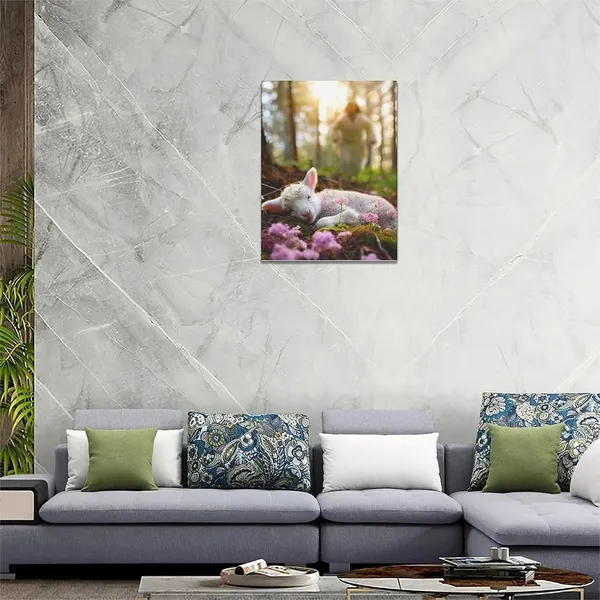 Multicolor_Jesus_and_Lamb_Wall_Art_Christian_Religious_Pictures_Wall_Decor_Shepherd_Canvas_God_Sleeping_Lamb_Painting_Modern_Artwork_Home_Decoration_|_For_Bathroom_Living_Room_Bedroom_Office_Framed_12"x16"