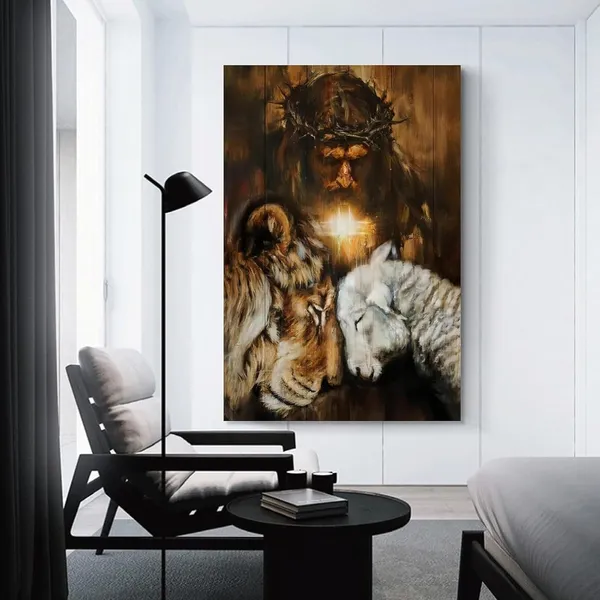 Multicolor_Christian_Jesus_Lion,_Jesus_Face_Mural_Lion_King_Jesus_with_Lamb_Wall_Decoration_Jesus_Artwork_Lion_with_Lamb,_Vintage_Religion,_Religious_Belief_God,_Suitable_|_For_Church_Poster_Canvas_Wall_Art_Print