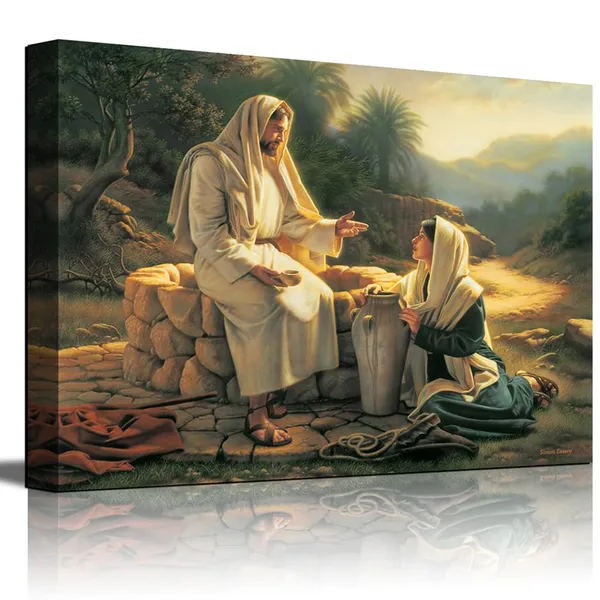 Multicolor_Religious_God_Lounge_Wall_Art_Poster_and_Print_Jesus_Landscape_Artwork_|_For_Living_Room_Wall_Decor_Frame_Ready_to_Hang_(Jesus_With_Samaritan_Woman,_12x16inch)