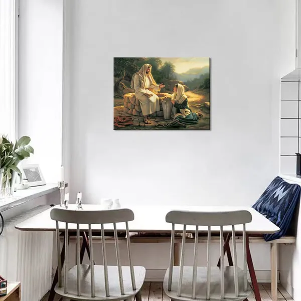 Multicolor_Religious_God_Lounge_Wall_Art_Poster_and_Print_Jesus_Landscape_Artwork_|_For_Living_Room_Wall_Decor_Frame_Ready_to_Hang_(Jesus_With_Samaritan_Woman,_12x16inch)