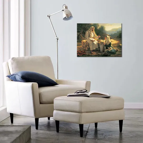 Multicolor_Religious_God_Lounge_Wall_Art_Poster_and_Print_Jesus_Landscape_Artwork_|_For_Living_Room_Wall_Decor_Frame_Ready_to_Hang_(Jesus_With_Samaritan_Woman,_12x16inch)