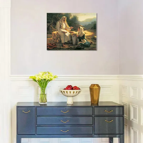 Multicolor_Religious_God_Lounge_Wall_Art_Poster_and_Print_Jesus_Landscape_Artwork_|_For_Living_Room_Wall_Decor_Frame_Ready_to_Hang_(Jesus_With_Samaritan_Woman,_12x16inch)