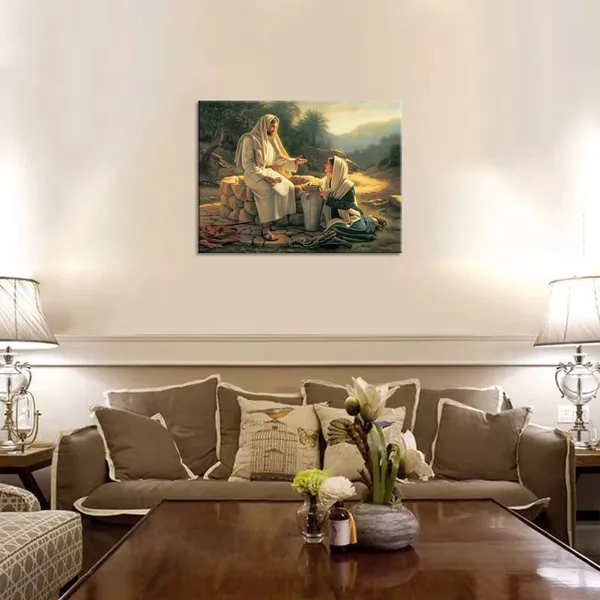 Multicolor_Religious_God_Lounge_Wall_Art_Poster_and_Print_Jesus_Landscape_Artwork_|_For_Living_Room_Wall_Decor_Frame_Ready_to_Hang_(Jesus_With_Samaritan_Woman,_12x16inch)