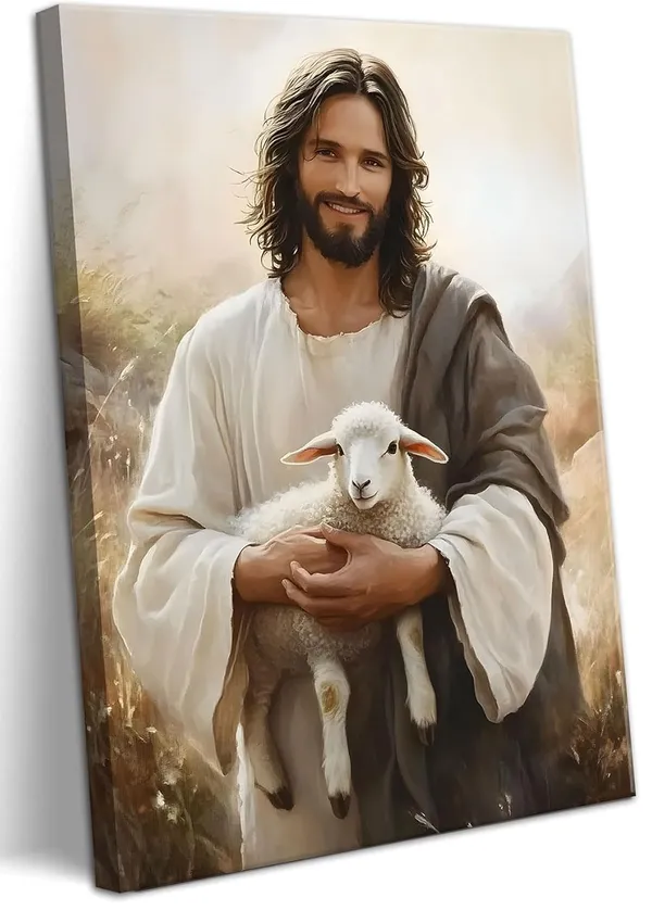 Multicolor_Jesus_and_Lamb_Canvas_Wall_Art_Jesus_Saves_the_lost_lamb_Wall_Decor_Pictures_Christian_Lamb_of_God_Painting_Posters_Prints_|_For_Dining_Living_Room_Kitchen_Wall_Bedroom_Decoration