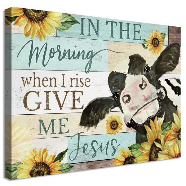 Multicolor_Teal_Blue_Inspirational_Quote_Wall_Art_In_the_Morning_When_I_rise_Give_Me_Jesus_Phrases_Canvas_Painting_Farm_Cow_with_Sunflowers_Picture_Print_Posters_Rustic_Farmhouse_Artwork_Decor_|_For_Bedroom_12x16