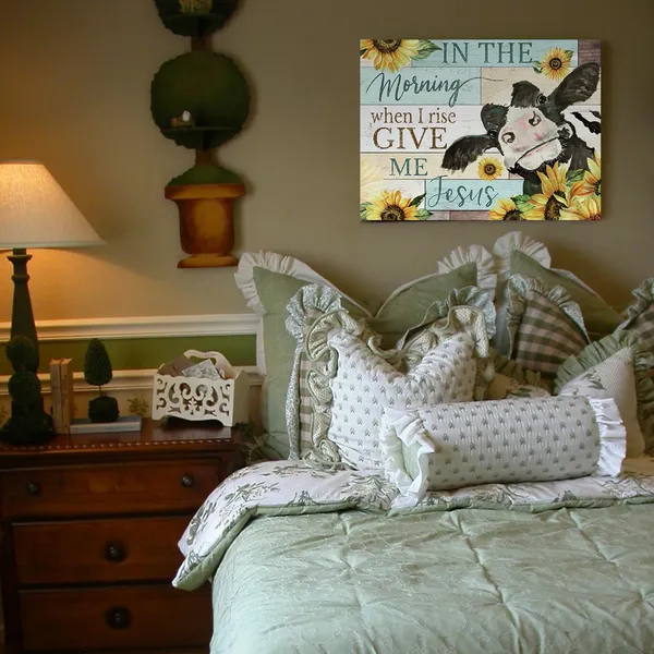 Multicolor_Teal_Blue_Inspirational_Quote_Wall_Art_In_the_Morning_When_I_rise_Give_Me_Jesus_Phrases_Canvas_Painting_Farm_Cow_with_Sunflowers_Picture_Print_Posters_Rustic_Farmhouse_Artwork_Decor_|_For_Bedroom_12x16