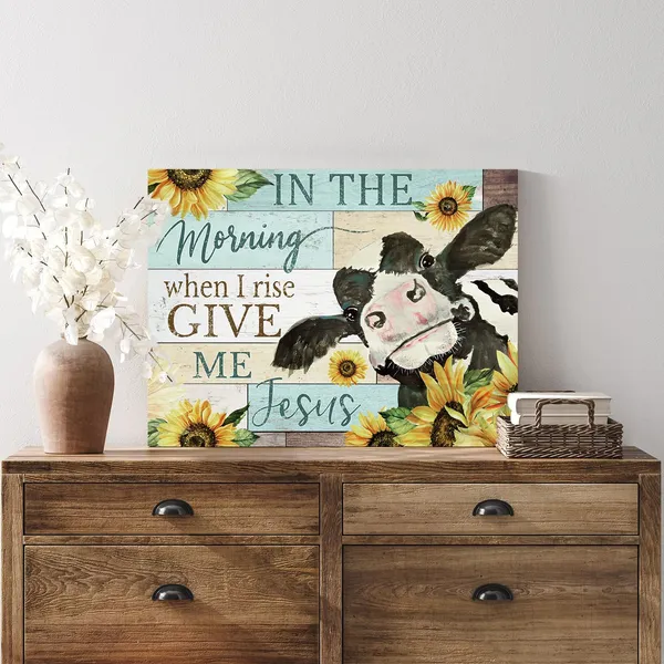Multicolor_Teal_Blue_Inspirational_Quote_Wall_Art_In_the_Morning_When_I_rise_Give_Me_Jesus_Phrases_Canvas_Painting_Farm_Cow_with_Sunflowers_Picture_Print_Posters_Rustic_Farmhouse_Artwork_Decor_|_For_Bedroom_12x16