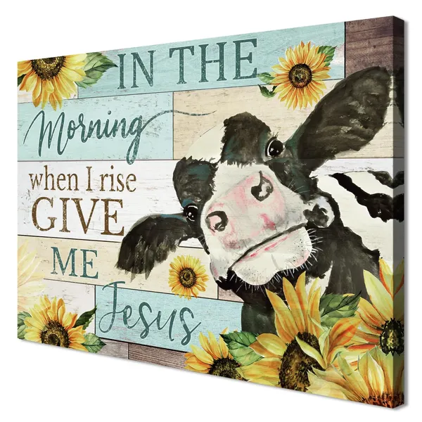 Multicolor_Teal_Blue_Inspirational_Quote_Wall_Art_In_the_Morning_When_I_rise_Give_Me_Jesus_Phrases_Canvas_Painting_Farm_Cow_with_Sunflowers_Picture_Print_Posters_Rustic_Farmhouse_Artwork_Decor_|_For_Bedroom_12x16