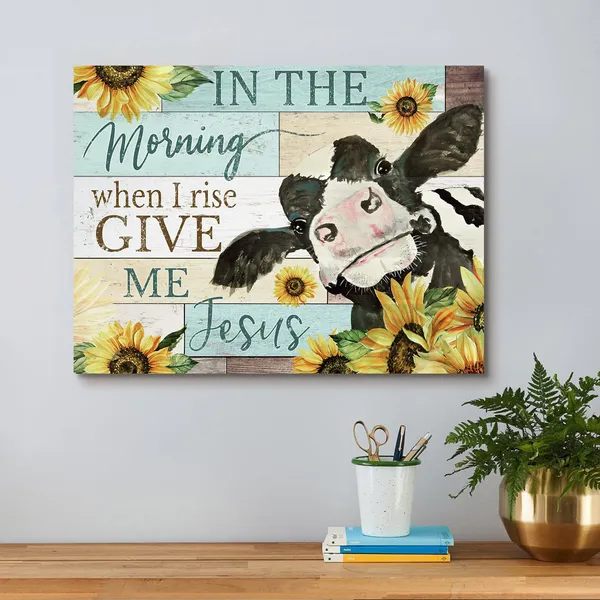 Multicolor_Teal_Blue_Inspirational_Quote_Wall_Art_In_the_Morning_When_I_rise_Give_Me_Jesus_Phrases_Canvas_Painting_Farm_Cow_with_Sunflowers_Picture_Print_Posters_Rustic_Farmhouse_Artwork_Decor_|_For_Bedroom_12x16
