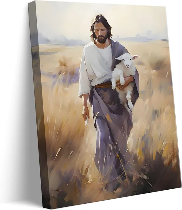 Multicolor_Framed_Jesus_and_Lamb_Canvas_Wall_Art_Jesus_Christ_The_Good_Shepherd_Picture_Prints_God_Faith_Poster_Artwork_Christian_Home_Bedroom_Decoration