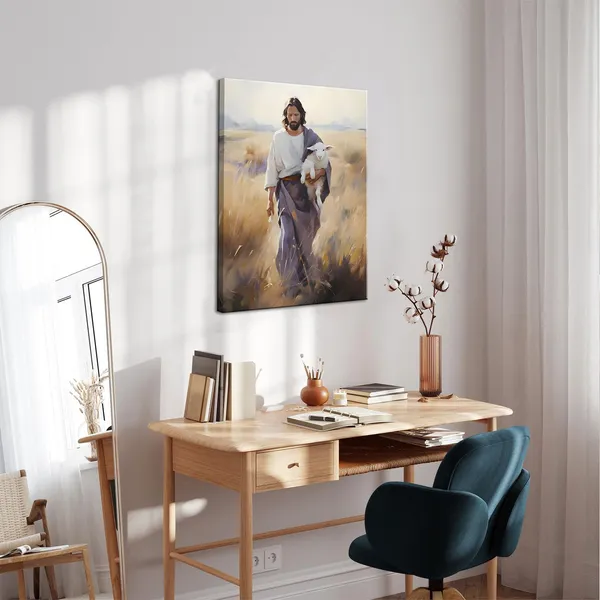 Multicolor_Framed_Jesus_and_Lamb_Canvas_Wall_Art_Jesus_Christ_The_Good_Shepherd_Picture_Prints_God_Faith_Poster_Artwork_Christian_Home_Bedroom_Decoration
