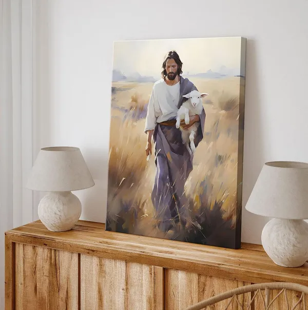 Multicolor_Framed_Jesus_and_Lamb_Canvas_Wall_Art_Jesus_Christ_The_Good_Shepherd_Picture_Prints_God_Faith_Poster_Artwork_Christian_Home_Bedroom_Decoration