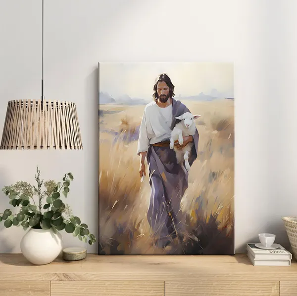 Multicolor_Framed_Jesus_and_Lamb_Canvas_Wall_Art_Jesus_Christ_The_Good_Shepherd_Picture_Prints_God_Faith_Poster_Artwork_Christian_Home_Bedroom_Decoration