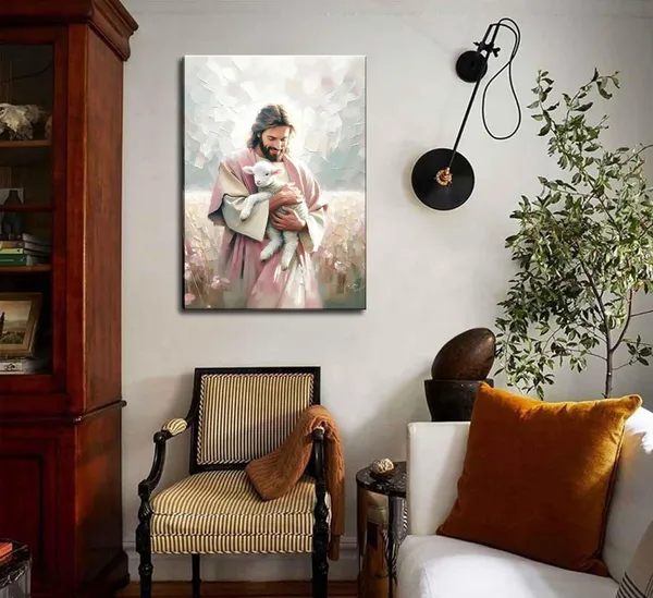 Multicolor_Christian_Wall_Art_Jesus_Holding_Lost_Lamb_Pink_Painting_Pictures_Jesus_Saves_Lamb_Wall_Decor_Leaving_99_Sheep_Religious_Poster_Prints_|_For_Bedroom_Living_Room_Prayer_Room_Church_Home_Decoration