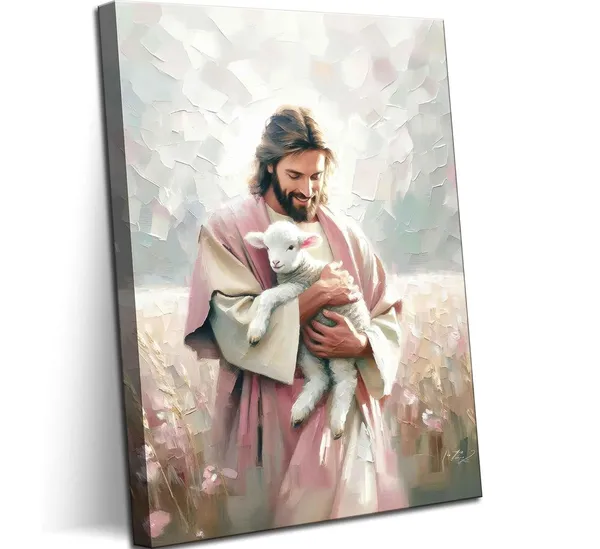 Multicolor_Christian_Wall_Art_Jesus_Holding_Lost_Lamb_Pink_Painting_Pictures_Jesus_Saves_Lamb_Wall_Decor_Leaving_99_Sheep_Religious_Poster_Prints_|_For_Bedroom_Living_Room_Prayer_Room_Church_Home_Decoration