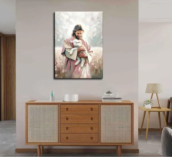 Multicolor_Christian_Wall_Art_Jesus_Holding_Lost_Lamb_Pink_Painting_Pictures_Jesus_Saves_Lamb_Wall_Decor_Leaving_99_Sheep_Religious_Poster_Prints_|_For_Bedroom_Living_Room_Prayer_Room_Church_Home_Decoration