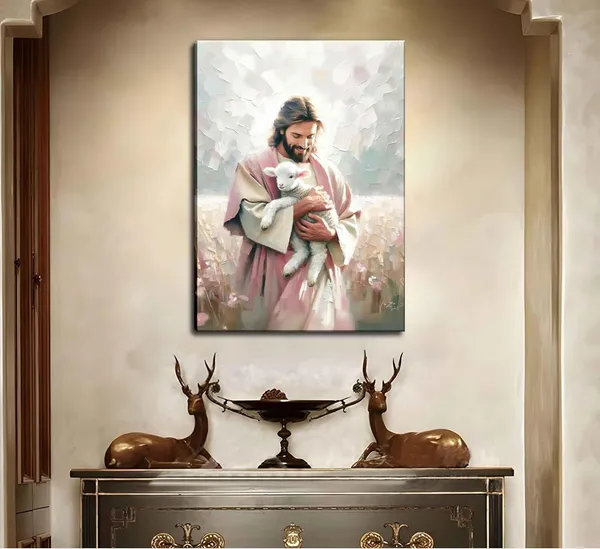 Multicolor_Christian_Wall_Art_Jesus_Holding_Lost_Lamb_Pink_Painting_Pictures_Jesus_Saves_Lamb_Wall_Decor_Leaving_99_Sheep_Religious_Poster_Prints_|_For_Bedroom_Living_Room_Prayer_Room_Church_Home_Decoration