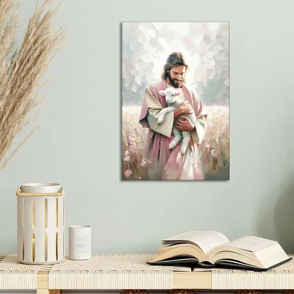Multicolor_Christian_Wall_Art_Jesus_Holding_Lost_Lamb_Pink_Painting_Pictures_Jesus_Saves_Lamb_Wall_Decor_Leaving_99_Sheep_Religious_Poster_Prints_|_For_Bedroom_Living_Room_Prayer_Room_Church_Home_Decoration