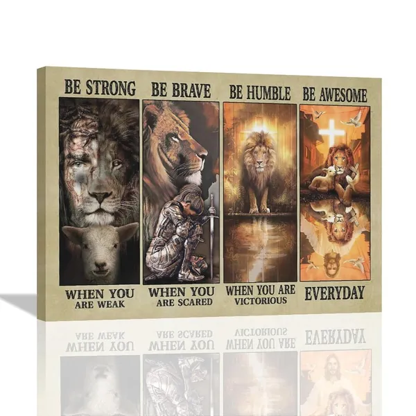 Multicolor_Christian_Jesus_Lion_Wall_Art_Jesus_Lion_Lamb_Pictures_Wall_Decor_Be_Strong_Inspirational_Quotes_Canvas_Painting_Print_Christ_Religious_Wall_Decoration_Artworks_Framed_|_For_Living_Room_Bedroom_16"x12"
