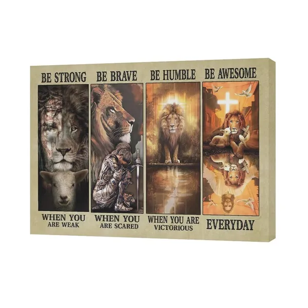 Multicolor_Christian_Jesus_Lion_Wall_Art_Jesus_Lion_Lamb_Pictures_Wall_Decor_Be_Strong_Inspirational_Quotes_Canvas_Painting_Print_Christ_Religious_Wall_Decoration_Artworks_Framed_|_For_Living_Room_Bedroom_16"x12"