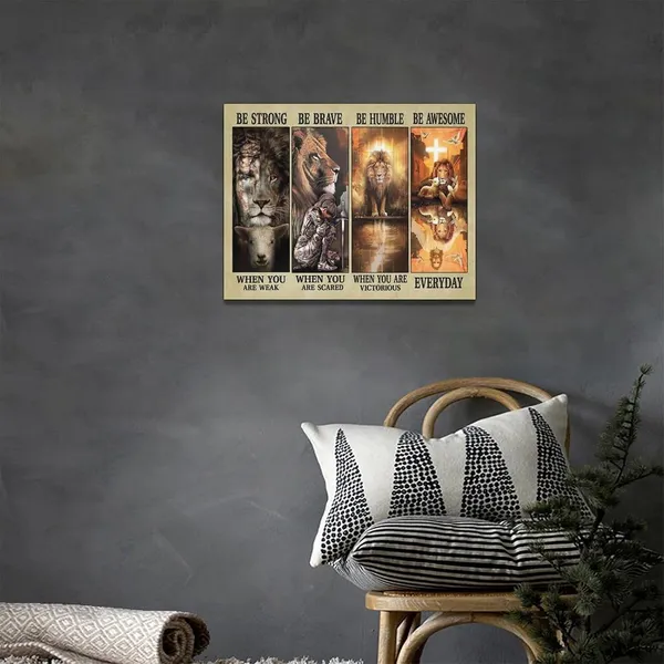 Multicolor_Christian_Jesus_Lion_Wall_Art_Jesus_Lion_Lamb_Pictures_Wall_Decor_Be_Strong_Inspirational_Quotes_Canvas_Painting_Print_Christ_Religious_Wall_Decoration_Artworks_Framed_|_For_Living_Room_Bedroom_16"x12"