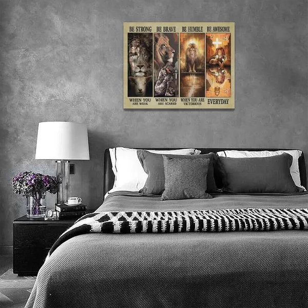 Multicolor_Christian_Jesus_Lion_Wall_Art_Jesus_Lion_Lamb_Pictures_Wall_Decor_Be_Strong_Inspirational_Quotes_Canvas_Painting_Print_Christ_Religious_Wall_Decoration_Artworks_Framed_|_For_Living_Room_Bedroom_16"x12"