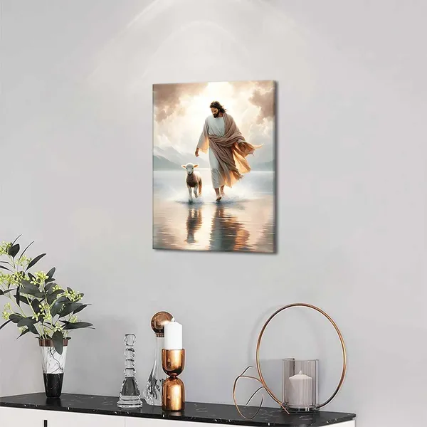 Multicolor_Framed_Jesus_Walks_On_Water_Wall_Art_Christ_Saves_The_Lost_Lamb_Painting_Wall_Decor_Christian_Poster_Print_Follow_Me_Artwork_Picture_Decoration_|_For_Living_Room_Bedroom_Church_Ready_To_Hang