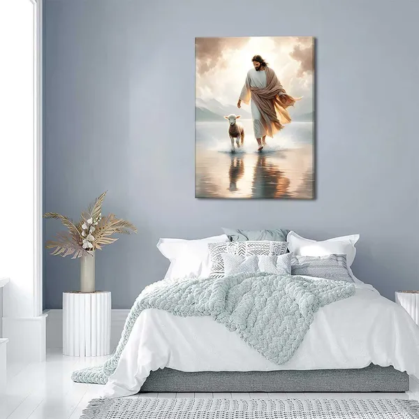 Multicolor_Framed_Jesus_Walks_On_Water_Wall_Art_Christ_Saves_The_Lost_Lamb_Painting_Wall_Decor_Christian_Poster_Print_Follow_Me_Artwork_Picture_Decoration_|_For_Living_Room_Bedroom_Church_Ready_To_Hang