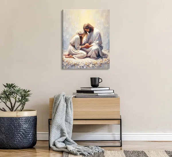 Multicolor_Jesus_and_Woman_Praying_Canvas_Wall_art_God_Painting_Picture_Wall_Decor_Christian_Poster_Bible_Stories_Print_Religious_Belief_Artwork_|_For_Church_Bedroom_Living_Room_Home_Decoration,12x16in_Canvas