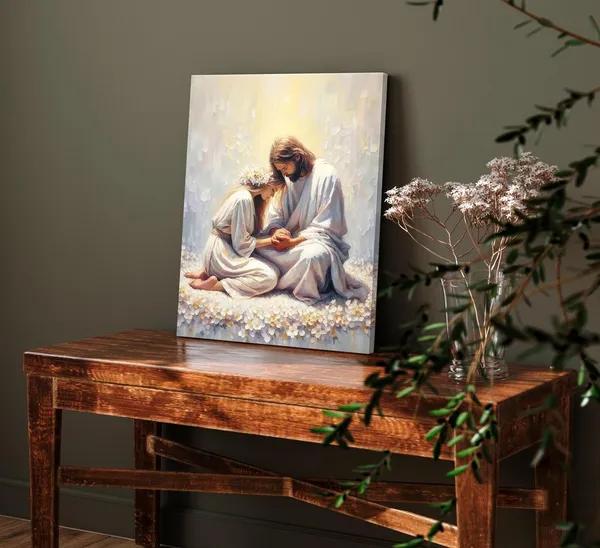 Multicolor_Jesus_and_Woman_Praying_Canvas_Wall_art_God_Painting_Picture_Wall_Decor_Christian_Poster_Bible_Stories_Print_Religious_Belief_Artwork_|_For_Church_Bedroom_Living_Room_Home_Decoration,12x16in_Canvas
