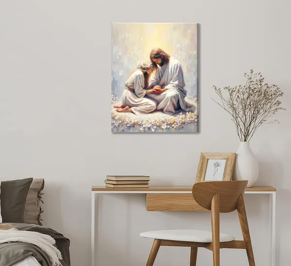 Multicolor_Jesus_and_Woman_Praying_Canvas_Wall_art_God_Painting_Picture_Wall_Decor_Christian_Poster_Bible_Stories_Print_Religious_Belief_Artwork_|_For_Church_Bedroom_Living_Room_Home_Decoration,12x16in_Canvas