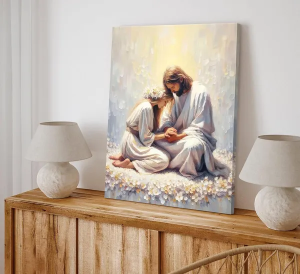 Multicolor_Jesus_and_Woman_Praying_Canvas_Wall_art_God_Painting_Picture_Wall_Decor_Christian_Poster_Bible_Stories_Print_Religious_Belief_Artwork_|_For_Church_Bedroom_Living_Room_Home_Decoration,12x16in_Canvas